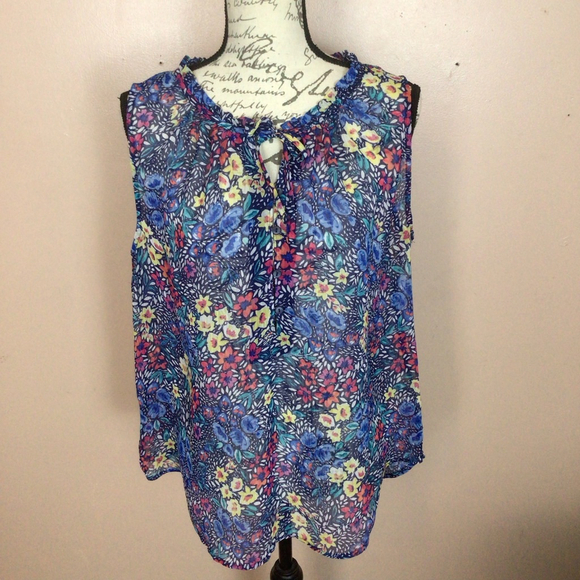 Womens Liz Claiborne Madison Blue Multi Henley Ruffle Tank Sz L‎ - Picture 1 of 8